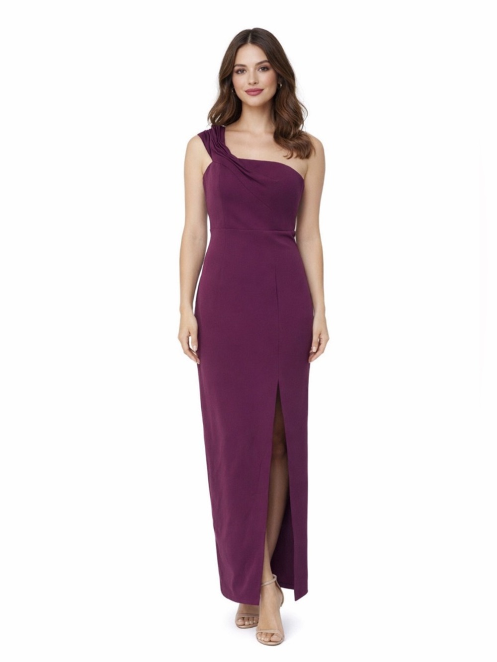 BARIANO Ponte Jersey Knit Sangria One Shoulder Gown Formal Cocktail Maxi Dress